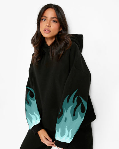 Women's Black Oversized Hoodie: Turtle Firestorm