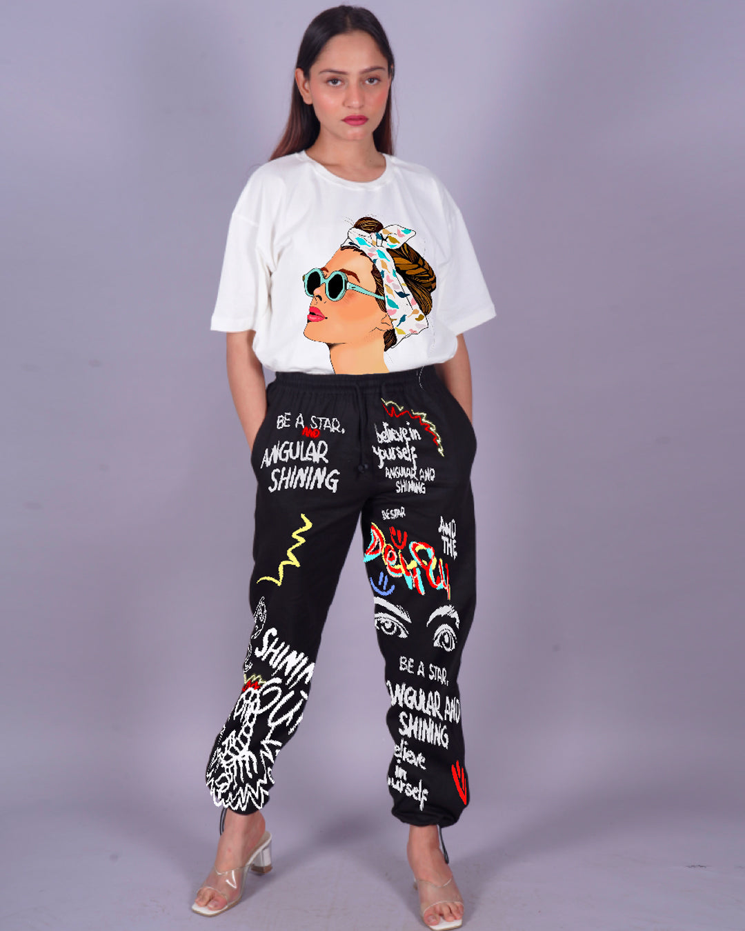 Women Goggy Graphic Oversized Co-Ord Set - White and Black