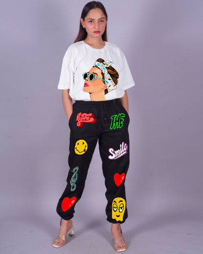 Women Goggy Love Smiley  Oversized Co-Ord Set - White and Black