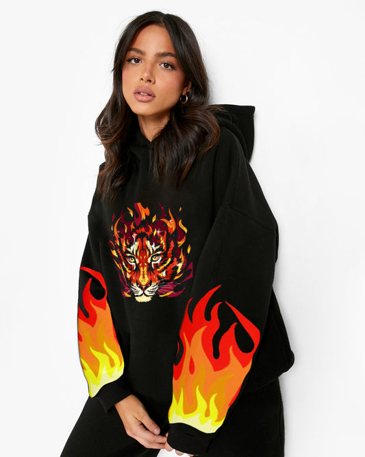 Luxurious Style:Women's Black Fire Hoodie with Oversized Hood