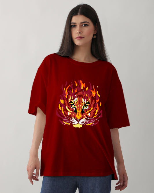 Women's Oversized Red T-Shirt with Tiger Print