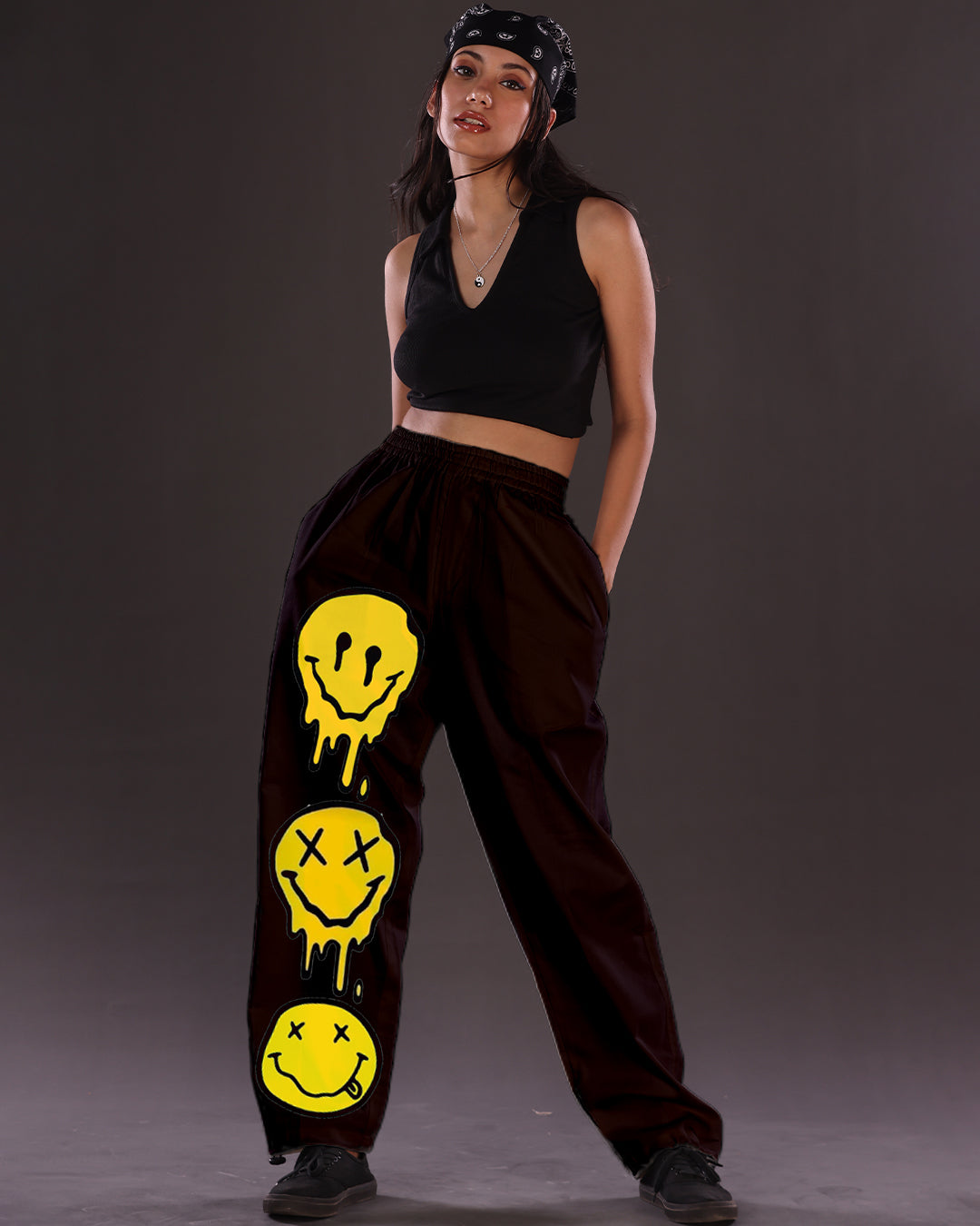 Smiley Women's Black Cargo Pants with Adjustable Fit