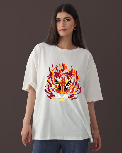 Oversized White T-Shirt Women's with Tiger Design