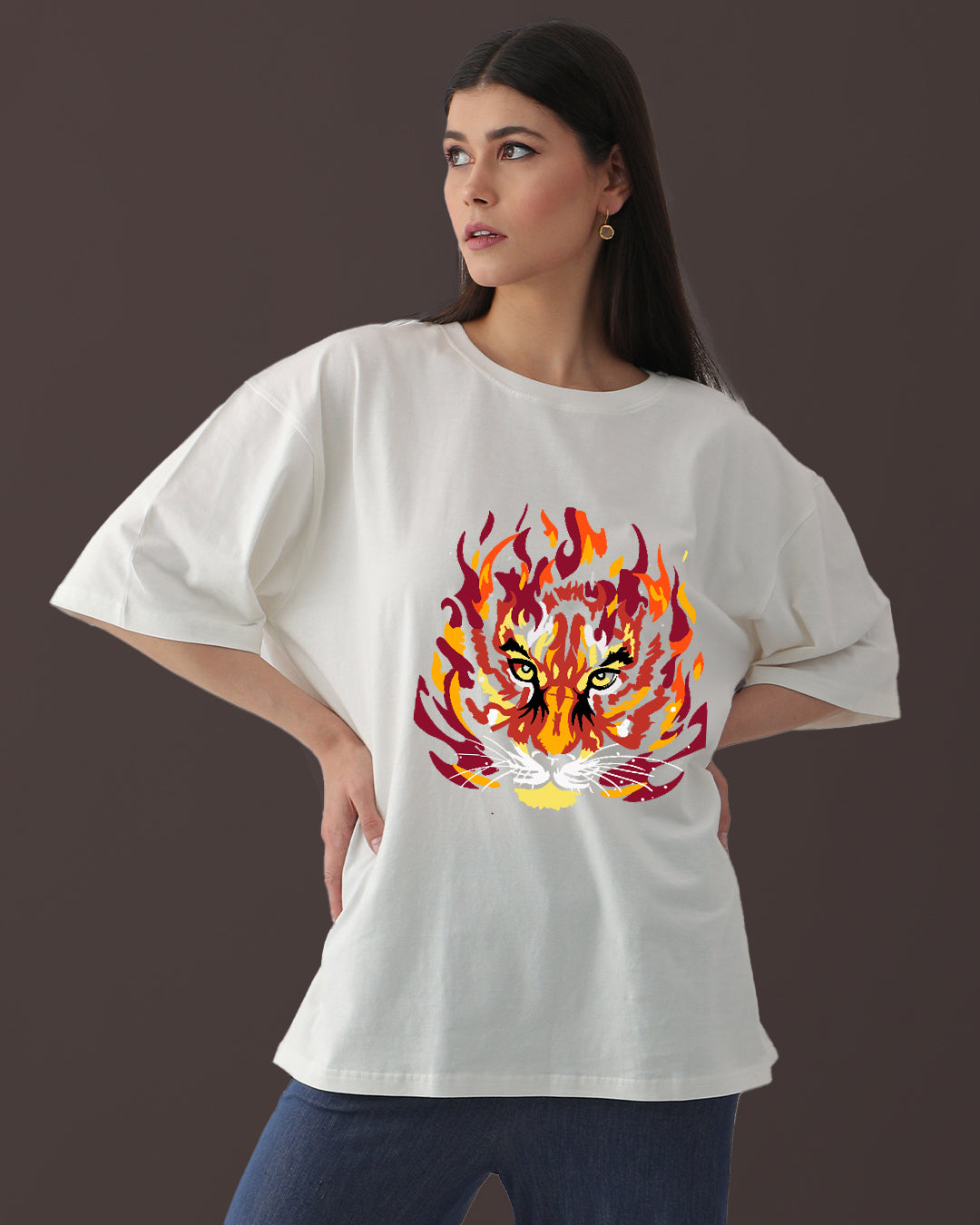 Oversized White T-Shirt Women's with Tiger Design