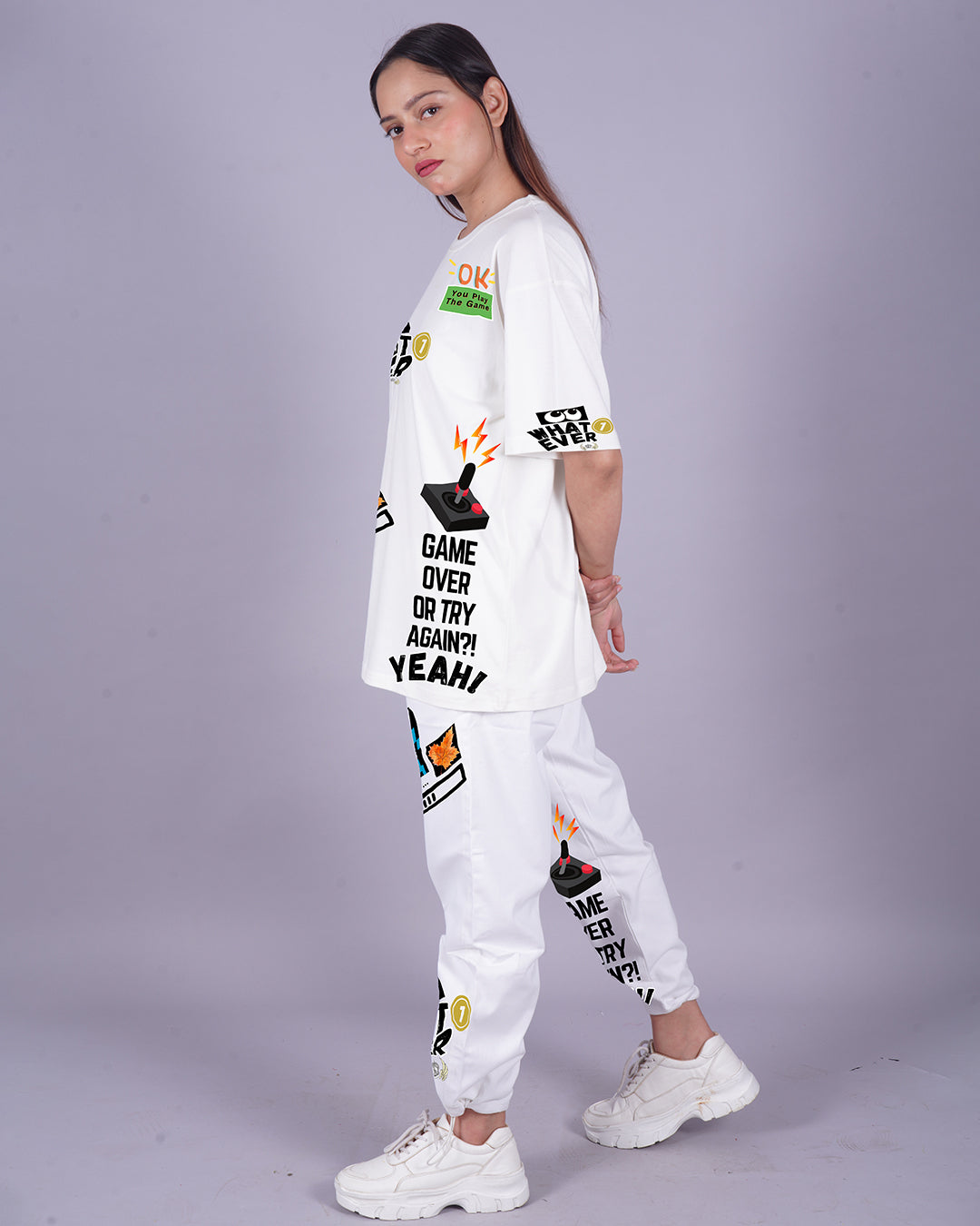 Women Game Over Oversized Co-Ord Set - White and White