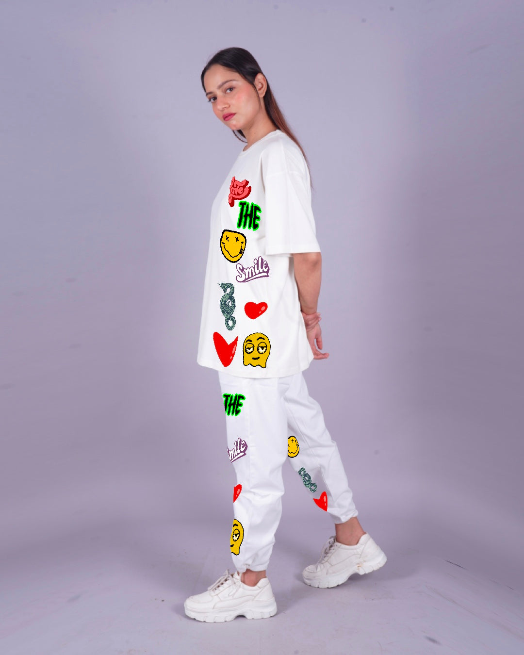 Women Love Smiley Oversized Co-Ord Set - White and White