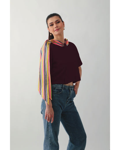 Classy Knot Neck Tie Cropped Tees : Plum