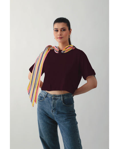 Classy Knot Neck Tie Cropped Tees : Plum