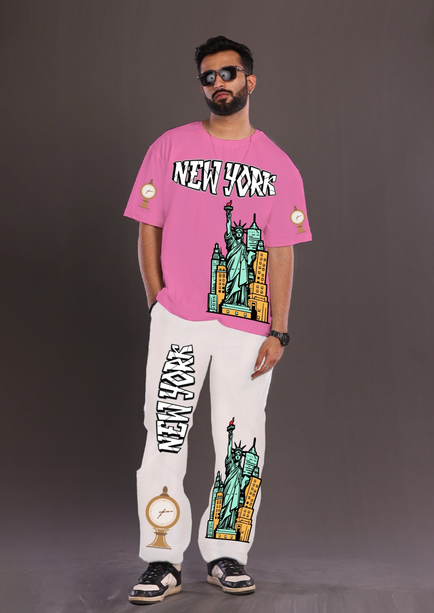 Men's New York Oversized Co-Ord Set - Pink and White