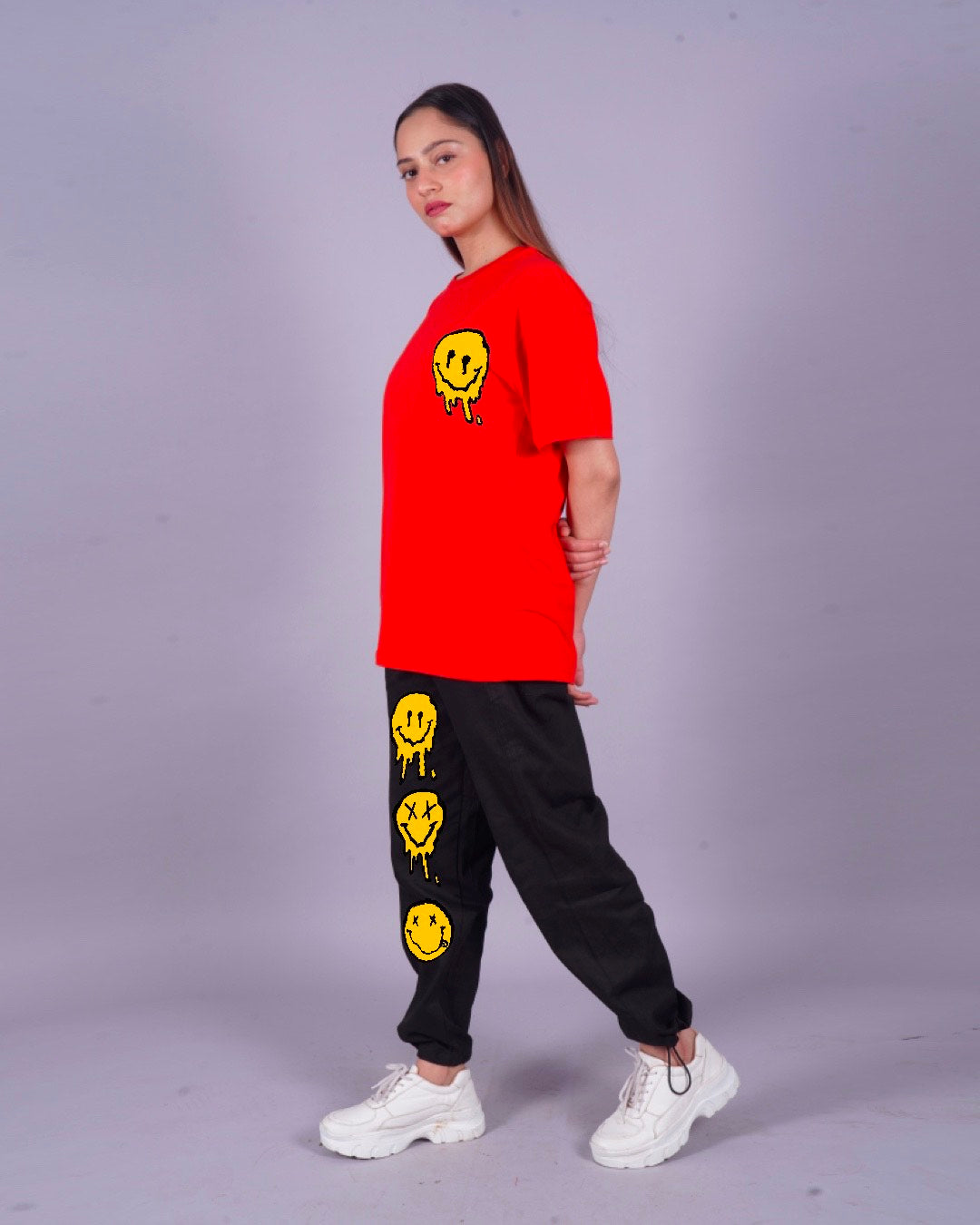 Women Smiley Oversized Co-Ord Set - Red and Black