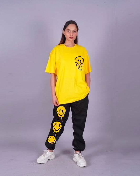 Women Smiley Oversized Co-Ord Set - Yellow and Black