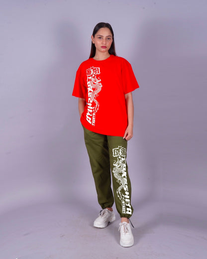 Women Japanese dragon Oversized Co-Ord Set - Red and Olive