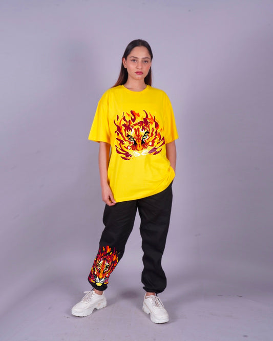 Women Tiger Oversized Co-Ord Set - Yellow and Black