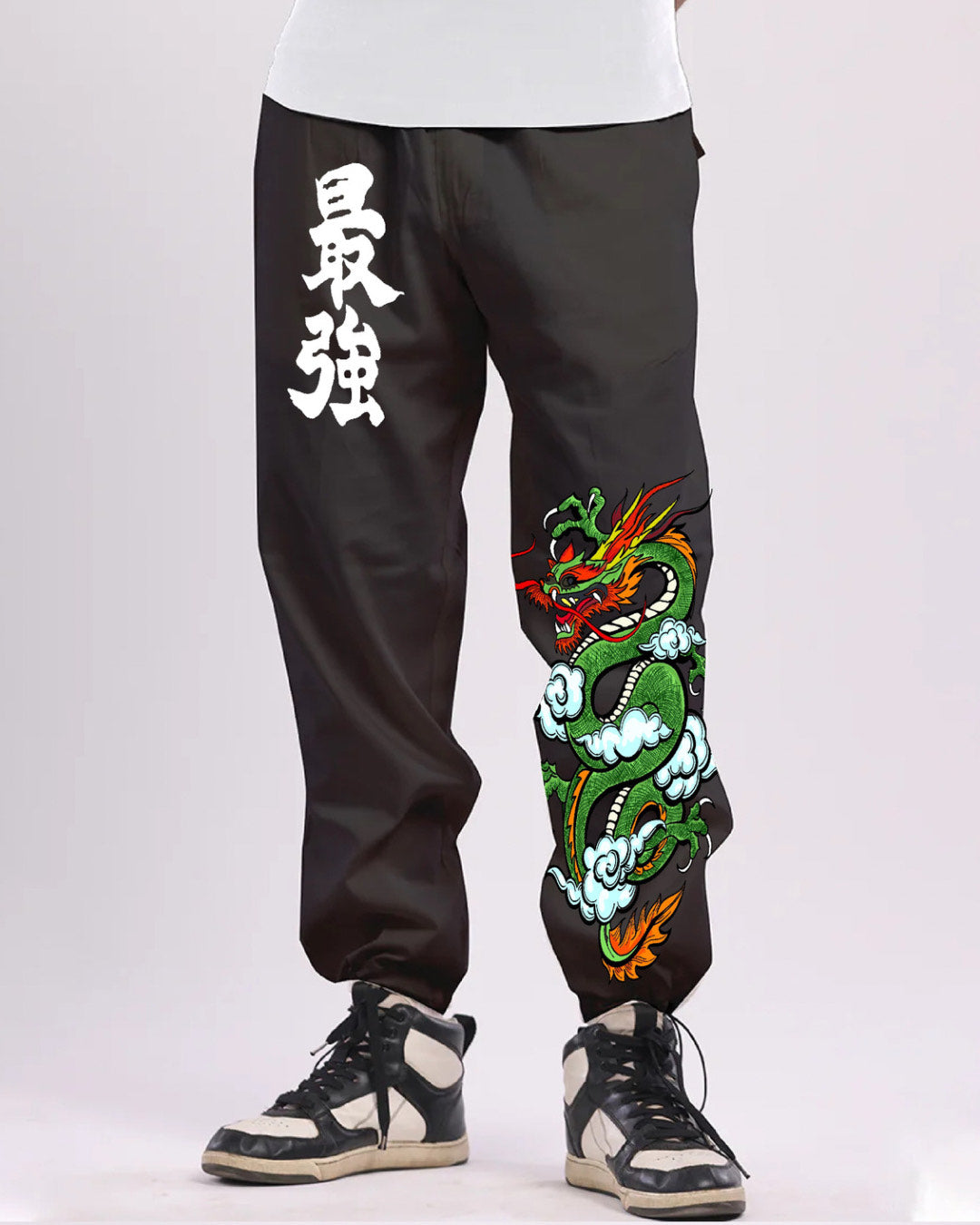 Men Black Cargo Pants - Dragon Print