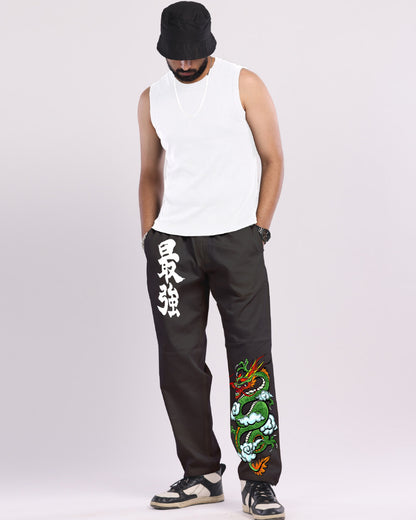 Men Black Cargo Pants - Dragon Print