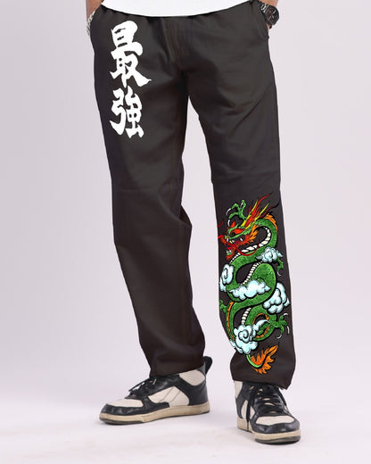 Men Black Cargo Pants - Dragon Print