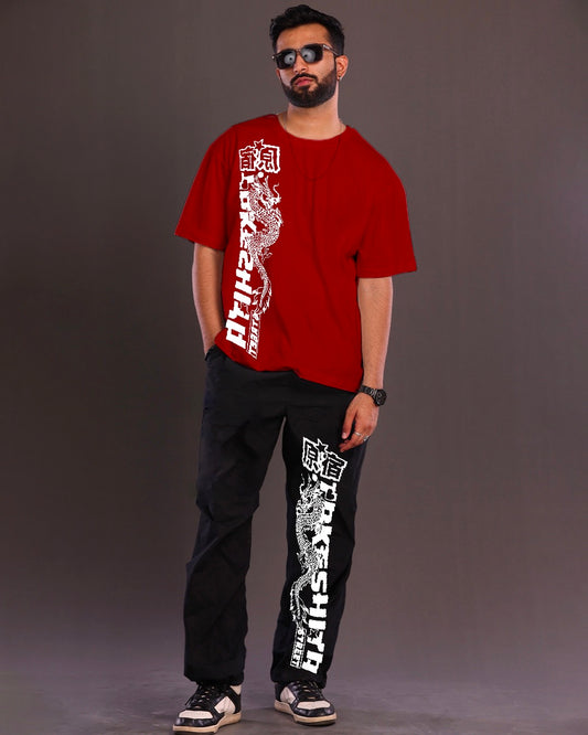 Men's Japanese Dragon Oversized Co-ord Set in Red and Black