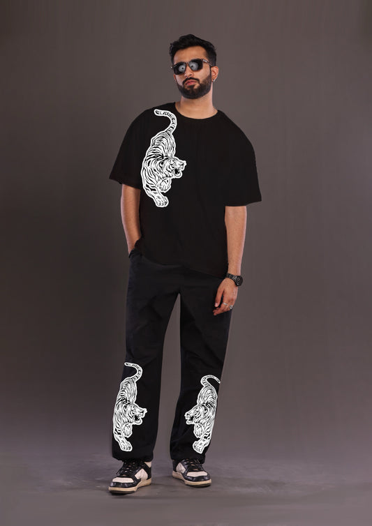 Men's Black Co Ord Oversized Set with Snow Tiger Theme