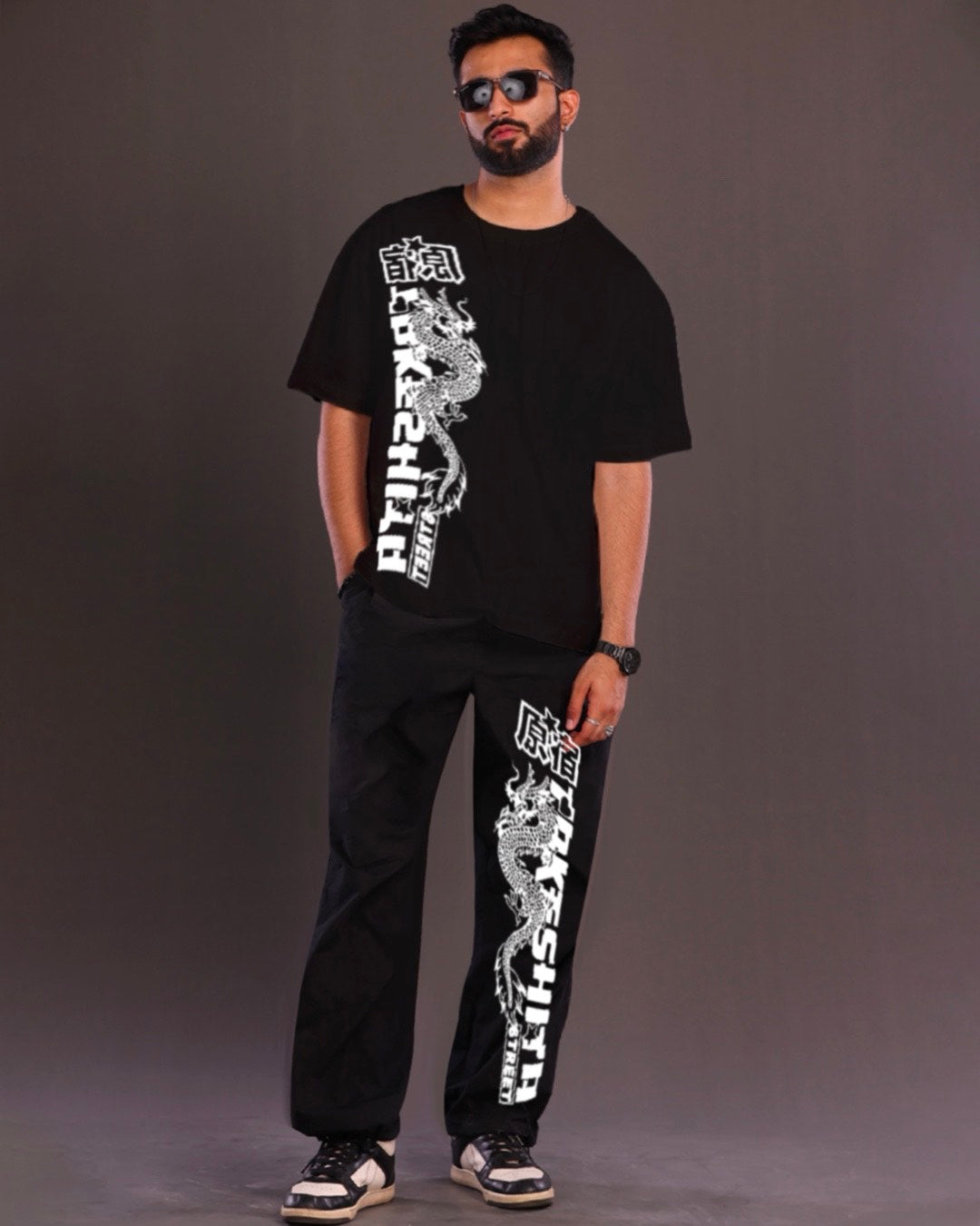 Men's Oversized Black Japanese Dragon Co ord Set