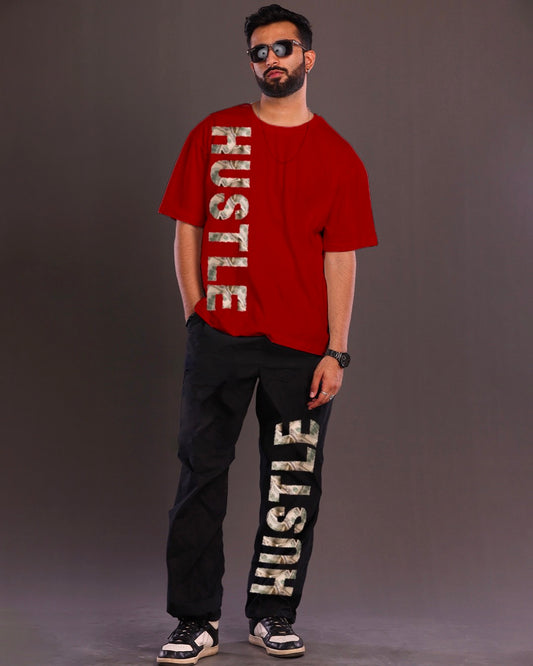 Hustle Hard: Men's Hustle Oversized Co-ord Set in Red and Black