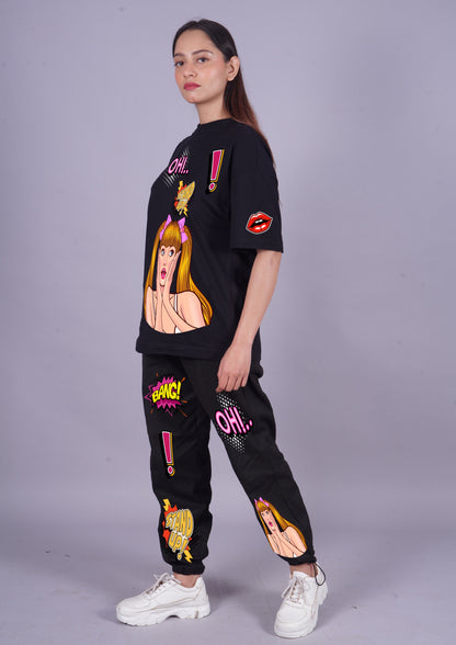 Women Stand Up Graphic Oversized Co-Ord Set - Black and Black