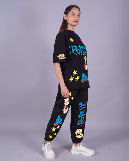 Women Popeye Oversized Co-Ord Set - Black and Black