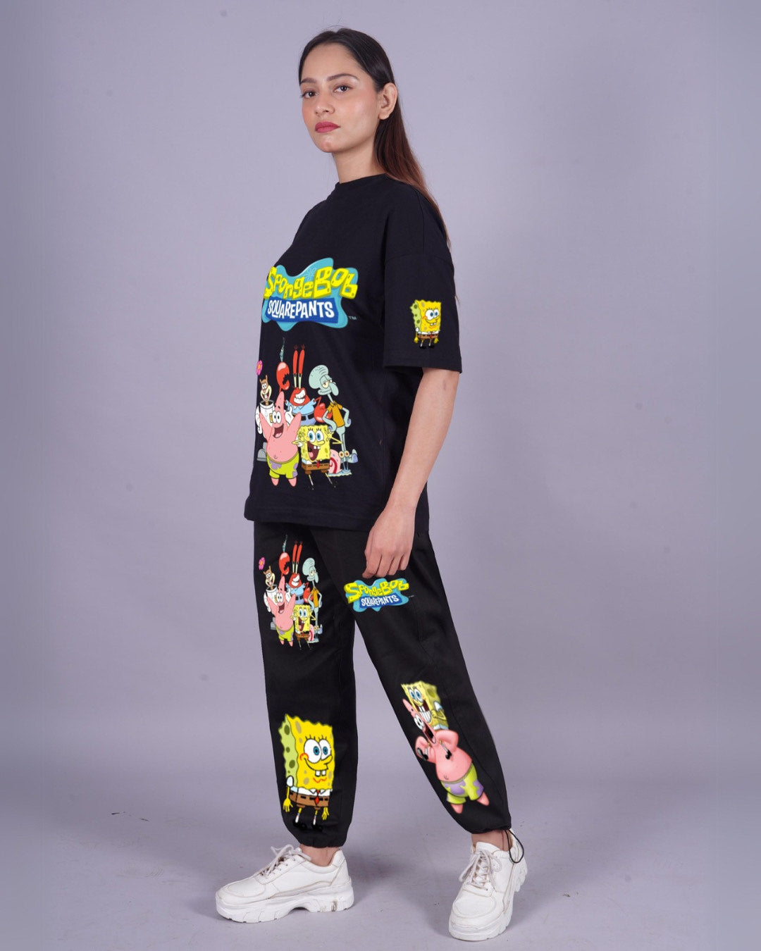 Women SpongeBob Oversized Co-Ord Set - Black and Black