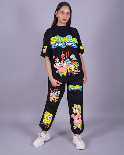 Women SpongeBob Oversized Co-Ord Set - Black and Black