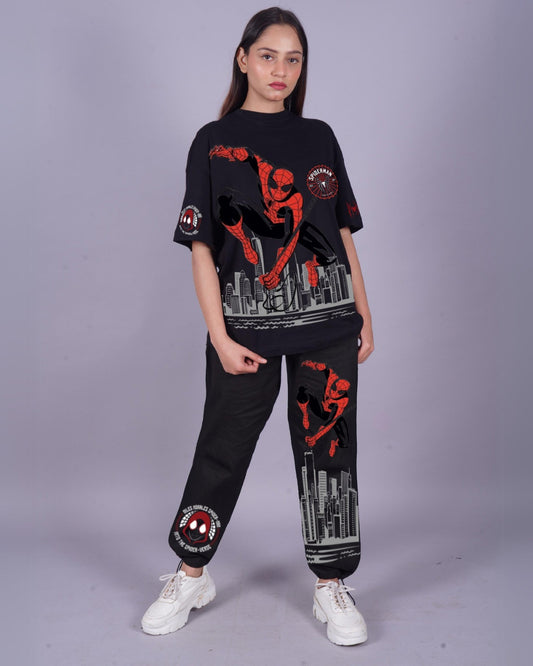 Women Spiderman Oversized Co-Ord Set - Black and Black