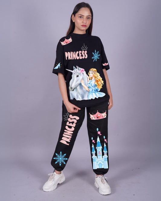 Women Princess Design Oversized Co-Ord Set - Black and Black