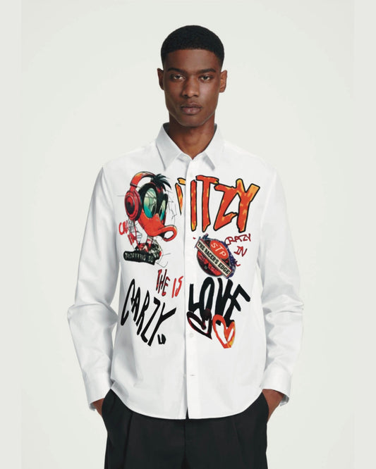 IT'S CRAZY LOVE DUCK FULL SLEEVE WHITE OVERSIZED KNITTED SHIRT