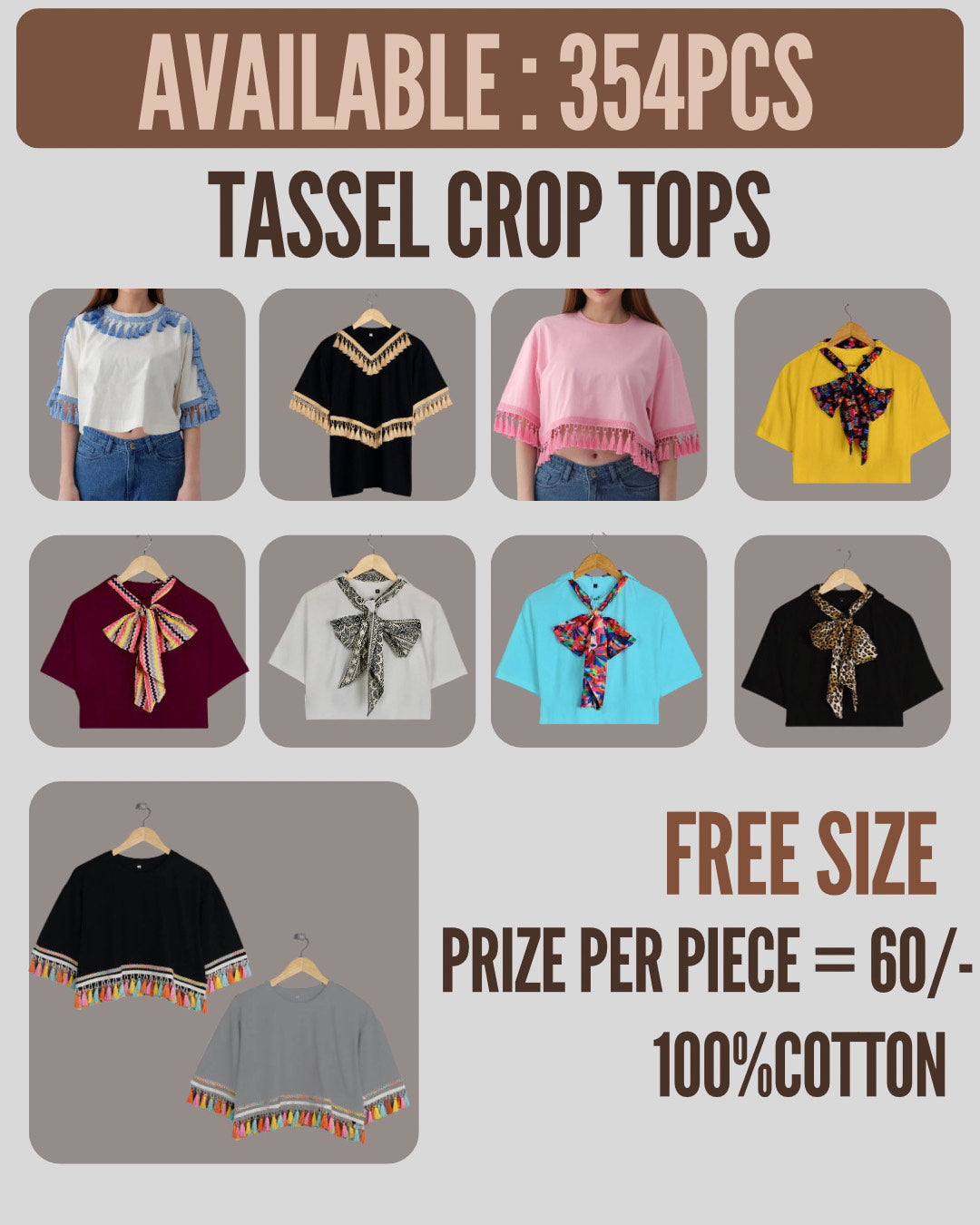 Free-Size Tassel Crop Tops – Mixed Colors | Wholesale Pack | 354 pieces