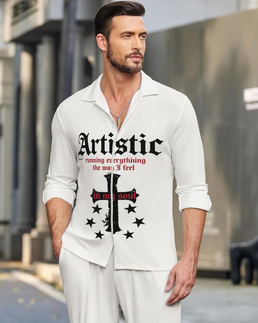 MEN'S ARTISTIC CROSS FULL SLEEVE  WHITE SHIRT