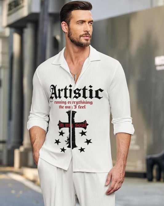 MEN'S ARTISTIC CROSS FULL SLEEVE  WHITE SHIRT
