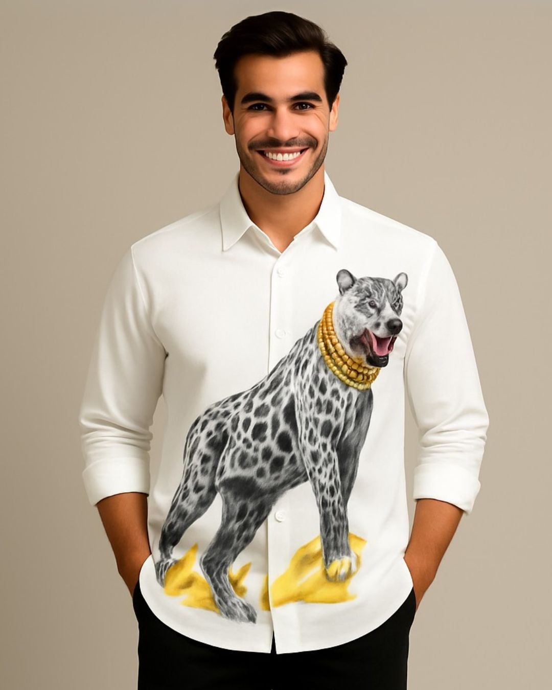 MEN'S REGAL CHEETAH FULL SLEEVE WHITE SHIRT