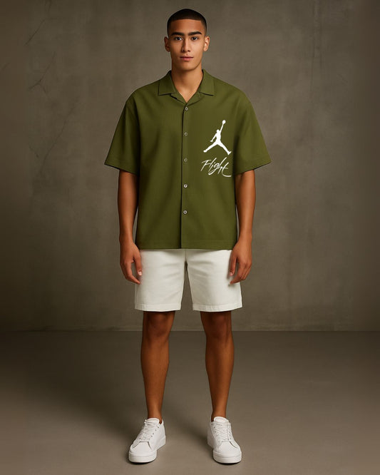 WHITE FLIGHT HALF SLEEVE SHIRT WITH SHORTS CORDSET (OLIVE AND WHITE )(*)
