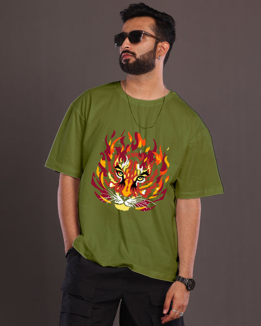 Roar in Style with Men's Olive Oversized Tiger T-Shirt