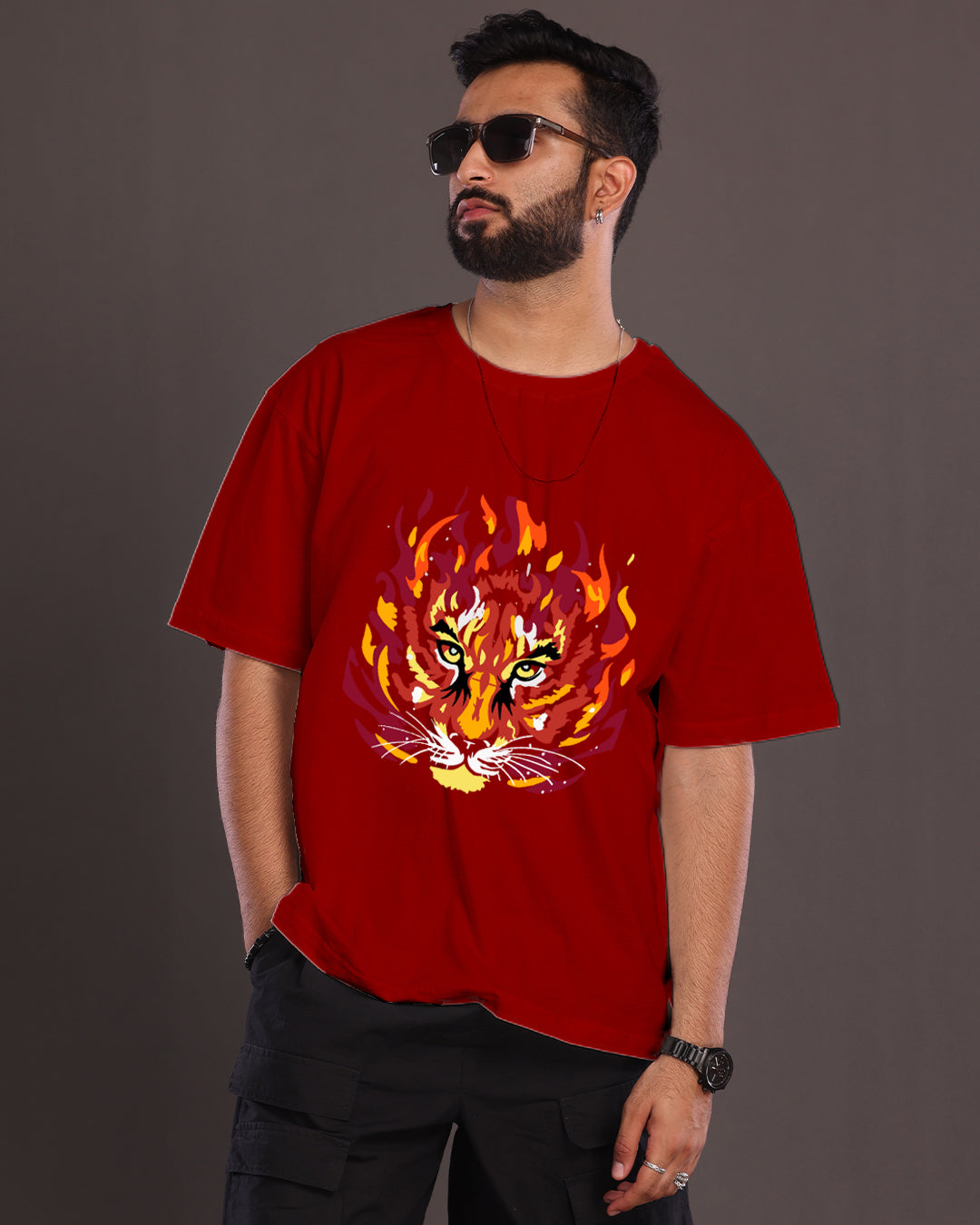 Red Tiger Roar: Men's Oversized Tee for Unmatched Confidence