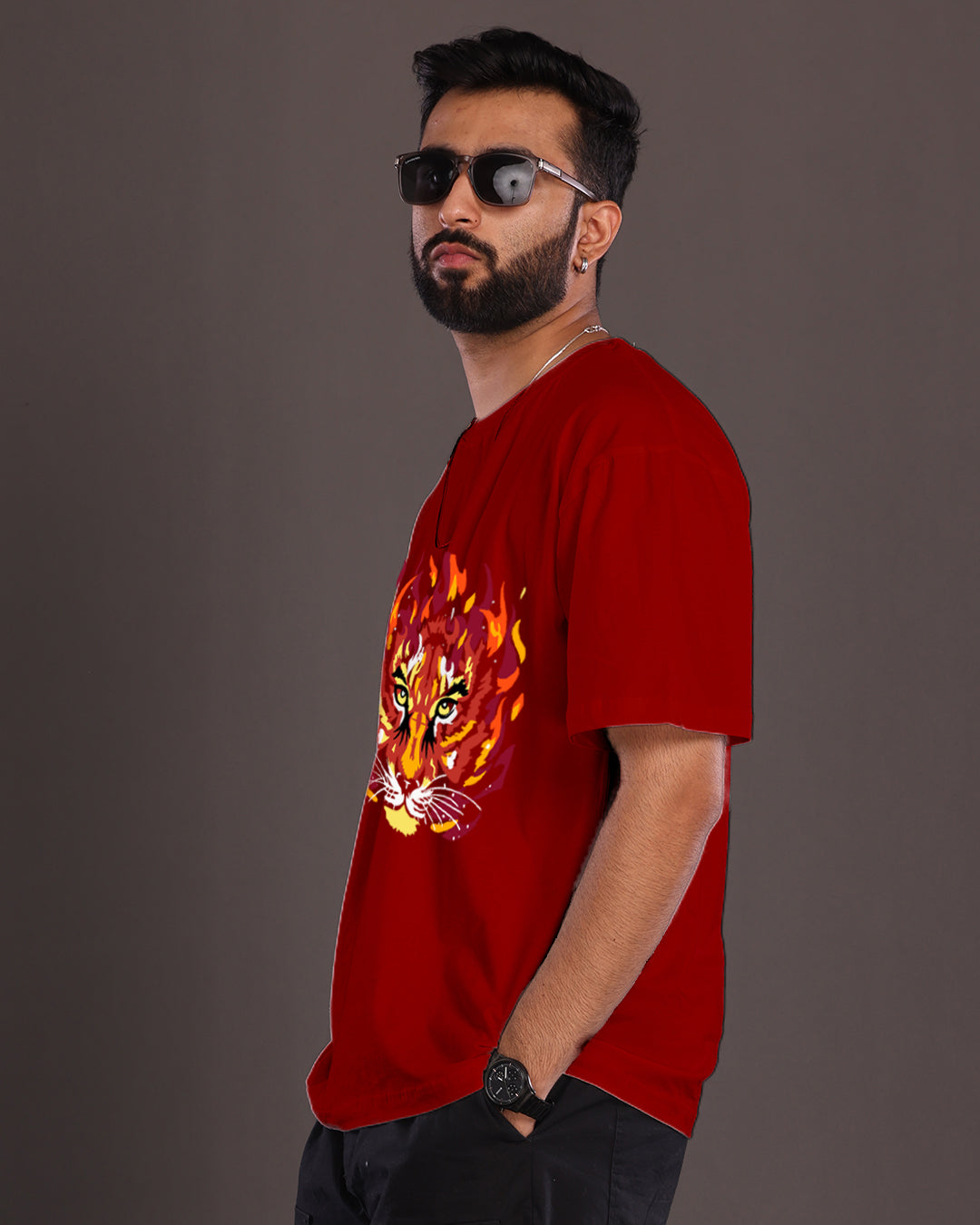Red Tiger Roar: Men's Oversized Tee for Unmatched Confidence