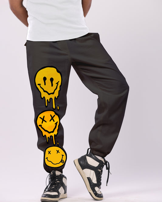 Men Black Cargo Pants with Playful Smiley