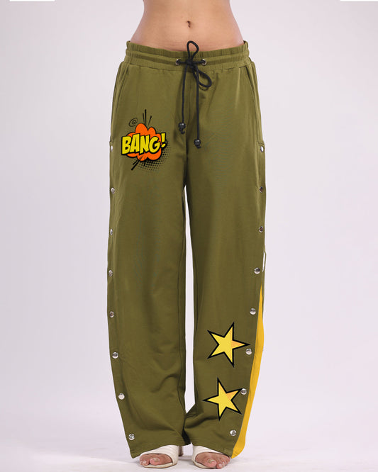 Women olive Snap Buttons Cotton trouser - Bang