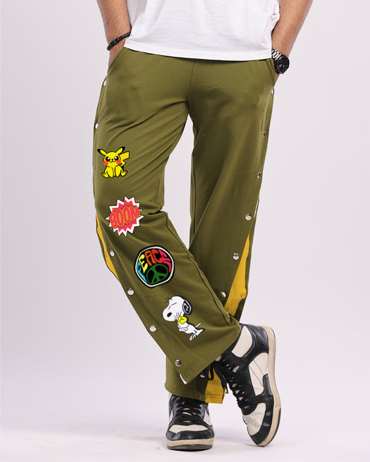 Men's Funky Olive Snap Buttons Cotton Trousers