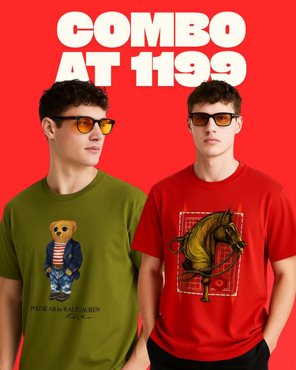 POLO BEAR (OLIVE), HERMESS HORSE (RED) TEE COMBO OF 2(*)