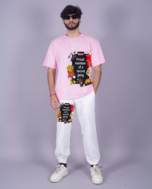 Men's Secret Gang Oversized Co-Ord Set - Pink and White