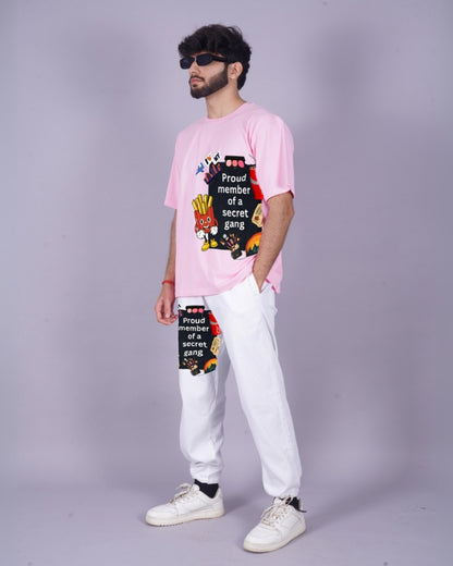 Men's Secret Gang Oversized Co-Ord Set - Pink and White