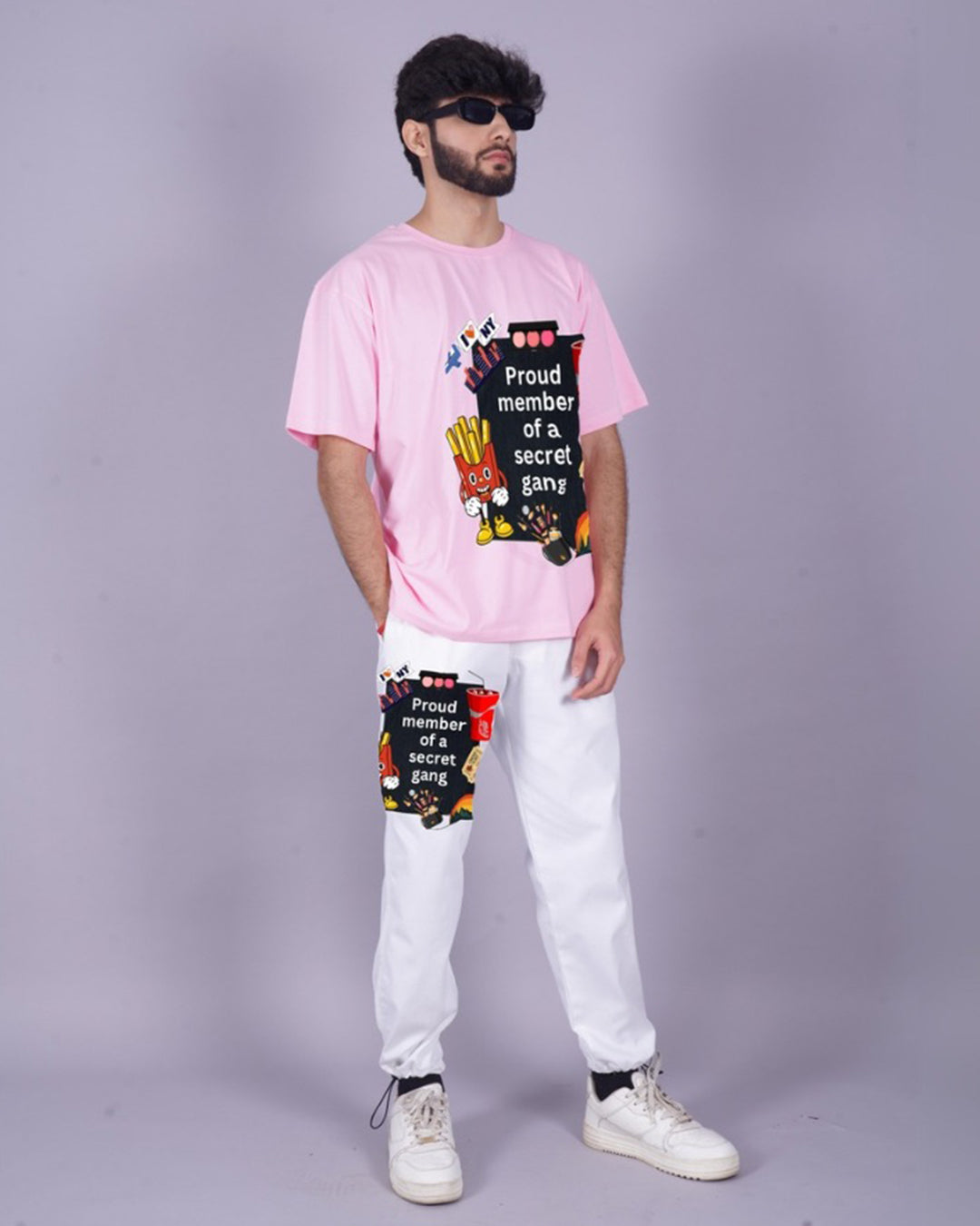 Men's Secret Gang Oversized Co-Ord Set - Pink and White