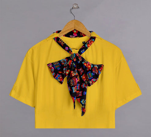 Classy Knot Neck Tie Cropped Tees : Yellow