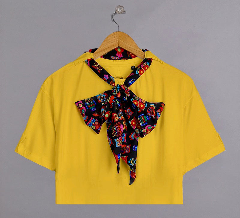 Blossom Trio: Sunflower Yellow, Plum & Mint Green Knot Neck Tie Cropped Tees