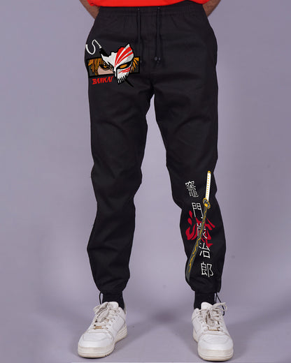 Manga Marvel: Men Black Cargo Pants with Bankai Design