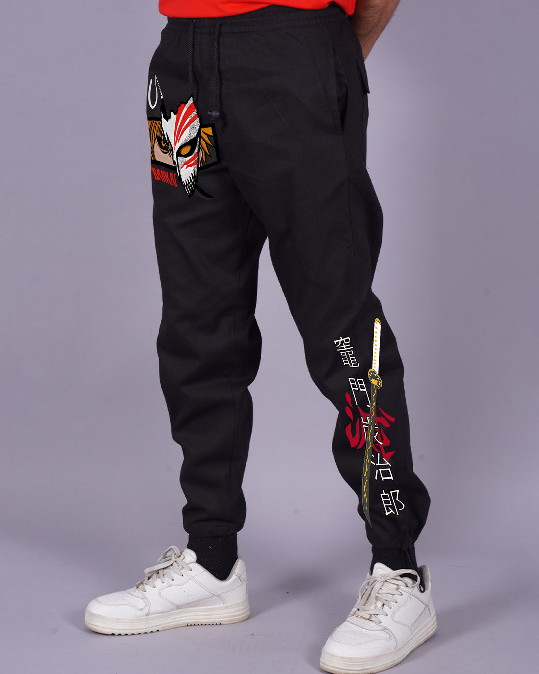 Manga Marvel: Men Black Cargo Pants with Bankai Design